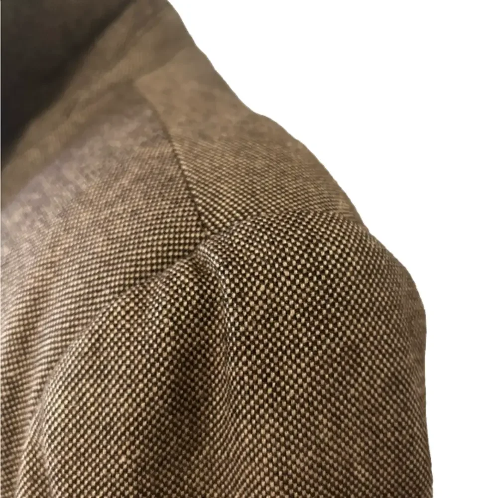 90s MINIMALIST TAN & BLACK WOVEN WOOL BLEND LINED CROPPED BLAZER CARLSON 10P - Picture 11 of 13